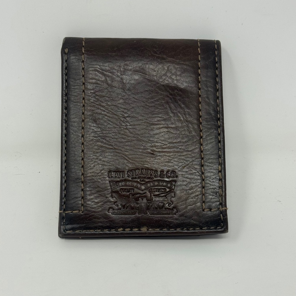 Levi Strauss Mens Bifold Leather Wallet Dark Brown ID Window Two Horse Logo